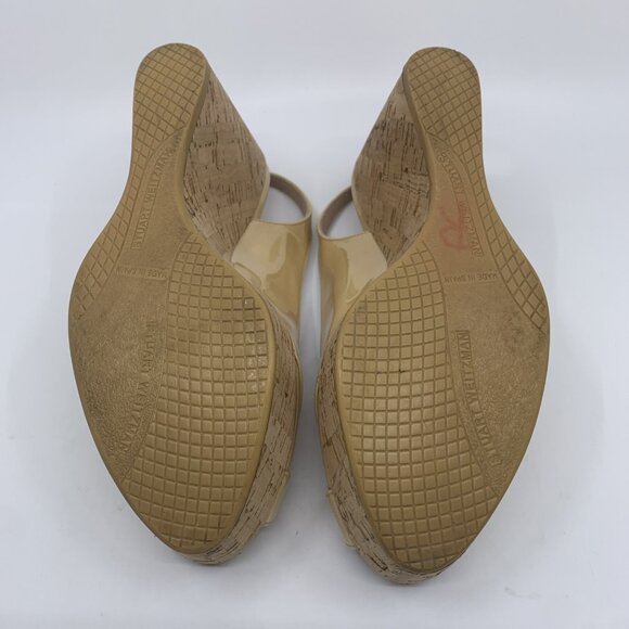 Stuart Weitzman Size 6.5M Adobe Nude Wedge Sandal Cork Peep Toe Slingback Patent - Picture 12 of 12